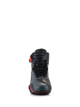 Alpinestars Faster-4 Shoes, Motorcycle Riding Shoes, Black Gray and Red Fluo, front-facing view featuring seamless microfiber upper, traditional laces, and adjustable ankle strap with Alpinestars logo