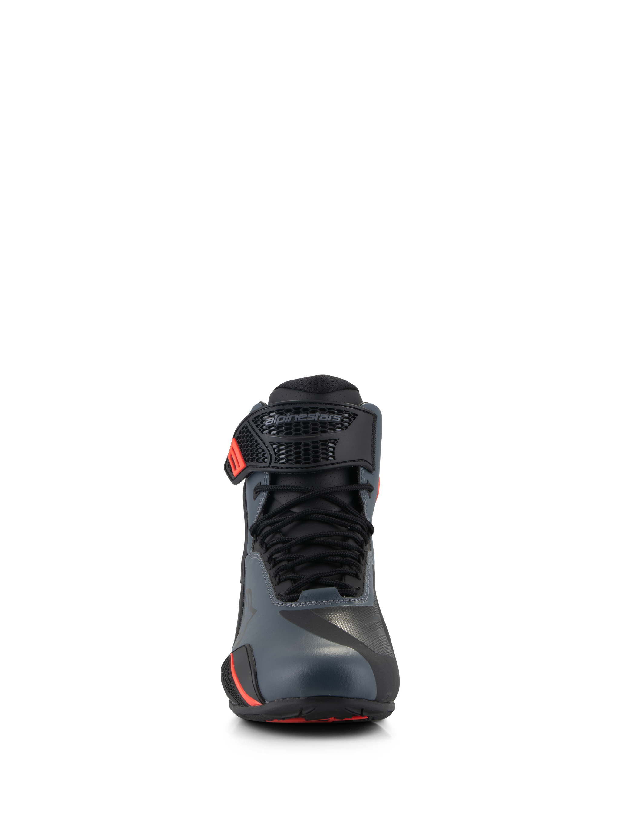 Alpinestars Faster-4 Shoes, Motorcycle Riding Shoes, Black Gray and Red Fluo, front-facing view featuring seamless microfiber upper, traditional laces, and adjustable ankle strap with Alpinestars logo