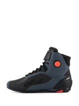 Alpinestars Faster-4 Shoes, Motorcycle Riding Shoes, Black Gray and Red Fluo, side view showcasing "Alpinestars Protects" branding, technical microfiber construction with laces and hook-and-loop strap, protective ankle and heel details for road riding