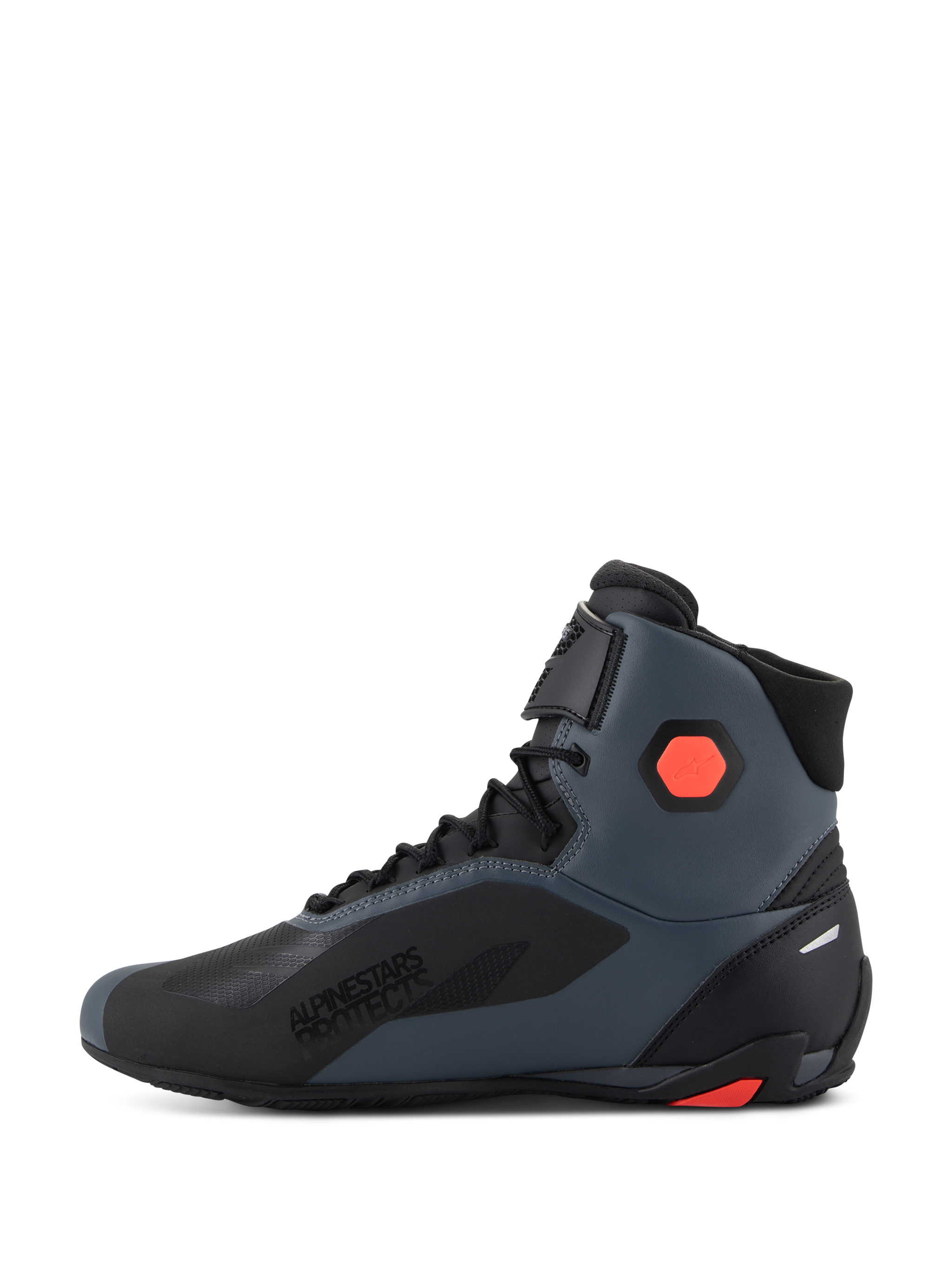 Alpinestars Faster-4 Shoes, Motorcycle Riding Shoes, Black Gray and Red Fluo, side view showcasing "Alpinestars Protects" branding, technical microfiber construction with laces and hook-and-loop strap, protective ankle and heel details for road riding