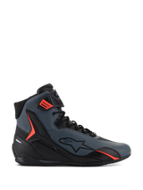 Alpinestars Faster-4 Shoes, high-top motorcycle riding shoes, dark gray and black with vibrant red accents, featuring a sleek microfiber upper, lateral star logo, and a secure lace-up system with an adjustable ankle strap.