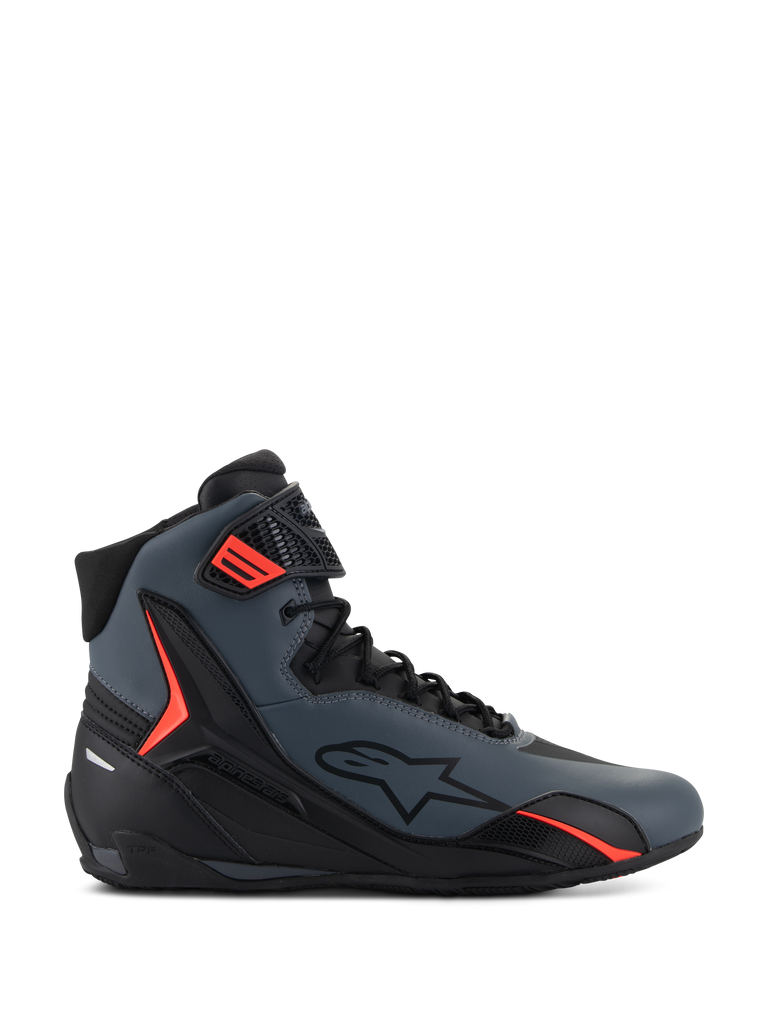 Alpinestars Faster-4 Shoes, high-top motorcycle riding shoes, dark gray and black with vibrant red accents, featuring a sleek microfiber upper, lateral star logo, and a secure lace-up system with an adjustable ankle strap.