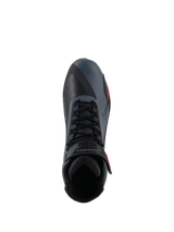 Alpinestars Faster-4 Shoes, Motorcycle Riding Shoes, Black Gray and Red Fluo, top-down view highlighting the lace-up closure and ankle strap, technical microfiber upper with seamless panels, sporty design for performance road riding.