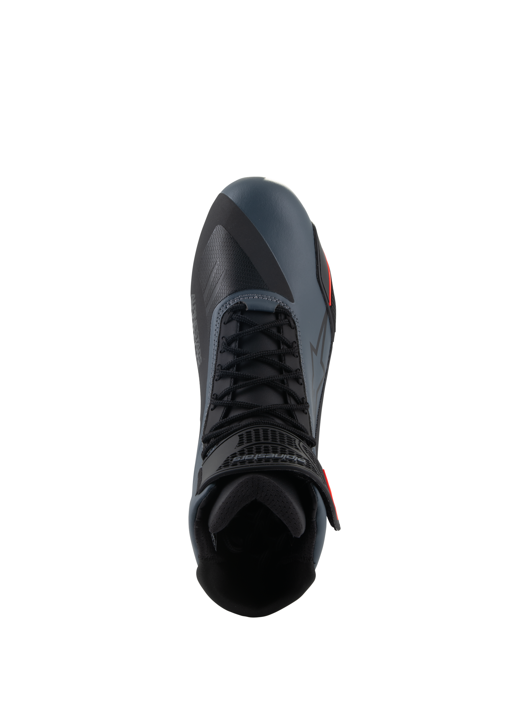 Alpinestars Faster-4 Shoes, Motorcycle Riding Shoes, Black Gray and Red Fluo, top-down view highlighting the lace-up closure and ankle strap, technical microfiber upper with seamless panels, sporty design for performance road riding.