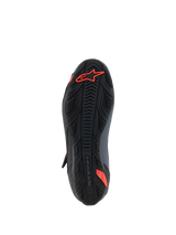 Alpinestars Faster-4 Shoes, Motorcycle Riding Shoes, Black and Red Fluo, bottom view showing textured rubber sole with red Astars logo and embossed branding, designed for grip and durability.