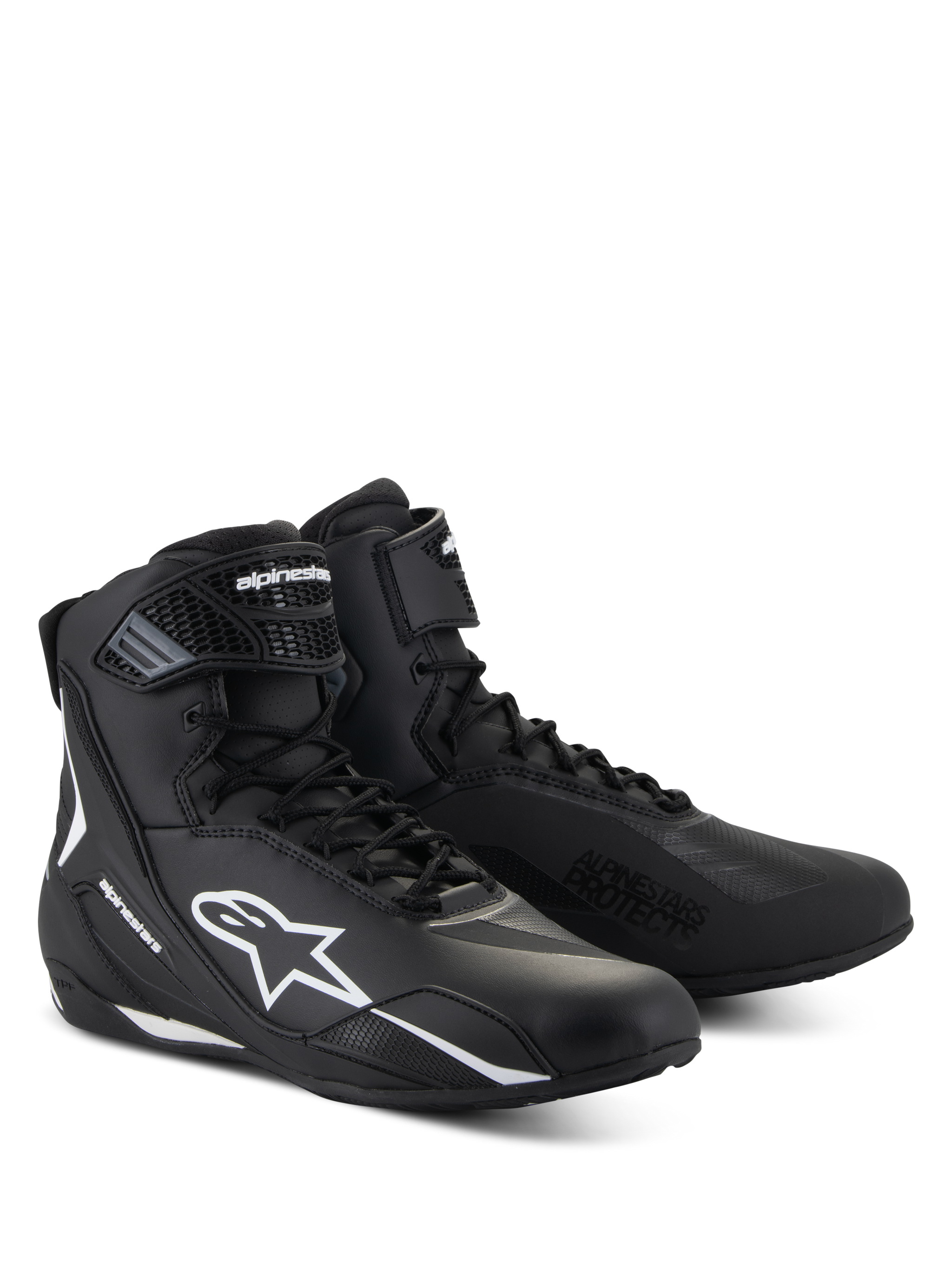 Alpinestars Faster-4 Shoes, black motorcycle riding shoes with white accents, mid-cut design featuring white Astars logo, 'Alpinestars Protects' text on the toe, and a combination lace and hook-and-loop closure.