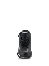 Alpinestars Faster-4 Shoes, Motorcycle Riding Shoes, Black and White, front-facing view showing lace closure and adjustable TPR ankle strap with Alpinestars logo, sleek and protective design for road riding