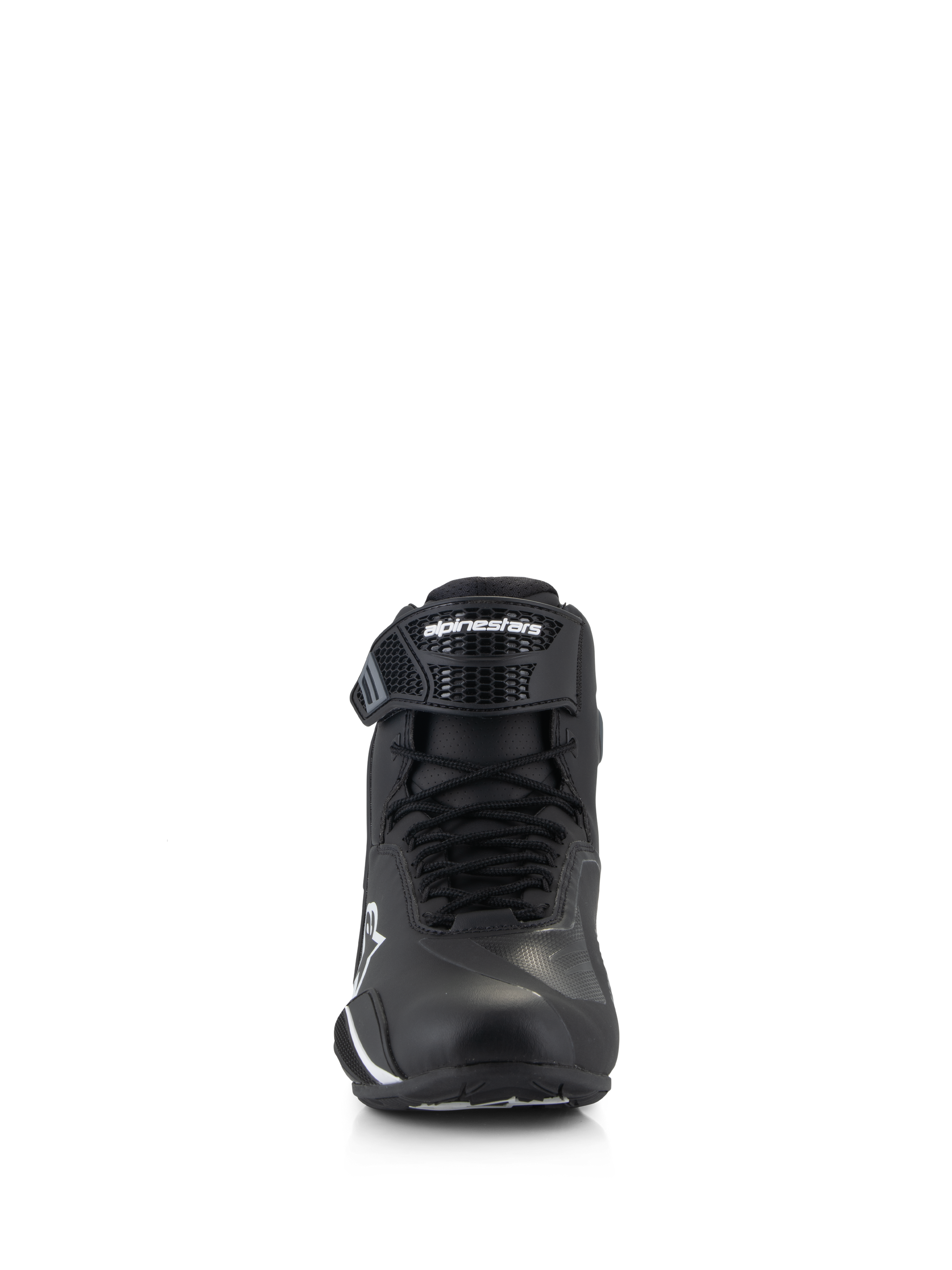 Alpinestars Faster-4 Shoes, Motorcycle Riding Shoes, Black and White, front-facing view showing lace closure and adjustable TPR ankle strap with Alpinestars logo, sleek and protective design for road riding