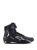 Alpinestars Faster-4 Shoes, Black and White Motorcycle Riding Shoes, side view of high-top design with white star logo, textured ankle strap, lace closure, sleek microfiber upper, performance racing-inspired footwear