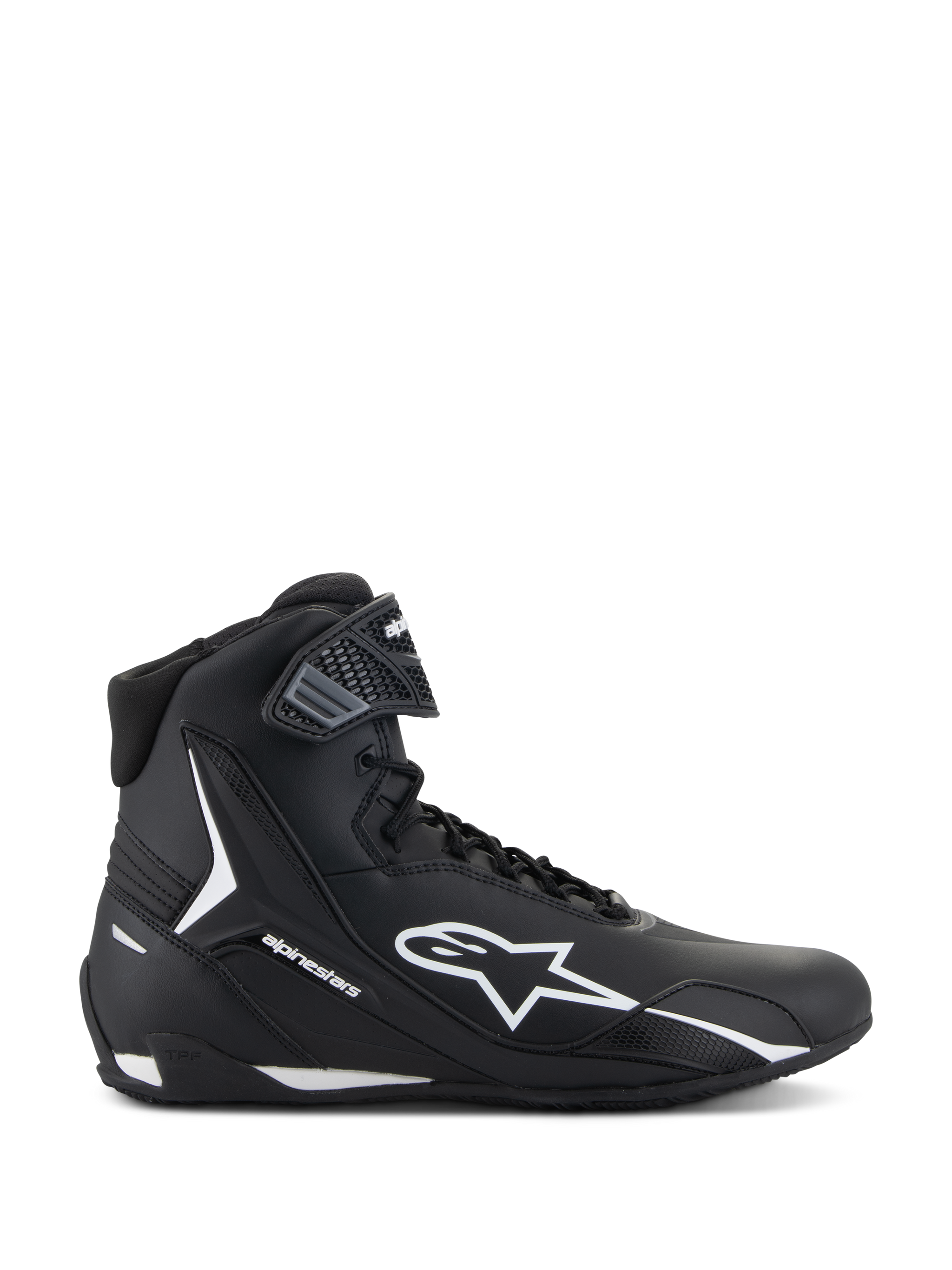 Alpinestars Faster-4 Shoes, Black and White Motorcycle Riding Shoes, side view of high-top design with white star logo, textured ankle strap, lace closure, sleek microfiber upper, performance racing-inspired footwear