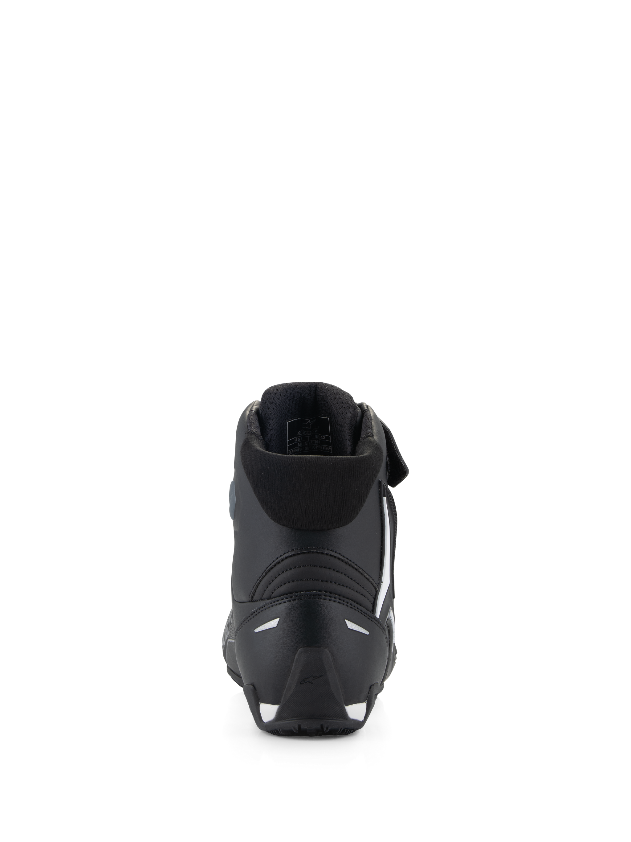 Alpinestars Faster-4 Shoes, Motorcycle Riding Shoes, Black, Rear view featuring a TPR heel counter, soft textile collar, and white accents on the heel and sole, performance-driven protective footwear