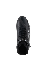 Alpinestars Faster-4 Shoes, Motorcycle Riding Shoes, Black and White, top-down view showing lace-up closure, hook-and-loop ankle strap, and white Alpinestars logo on the side
