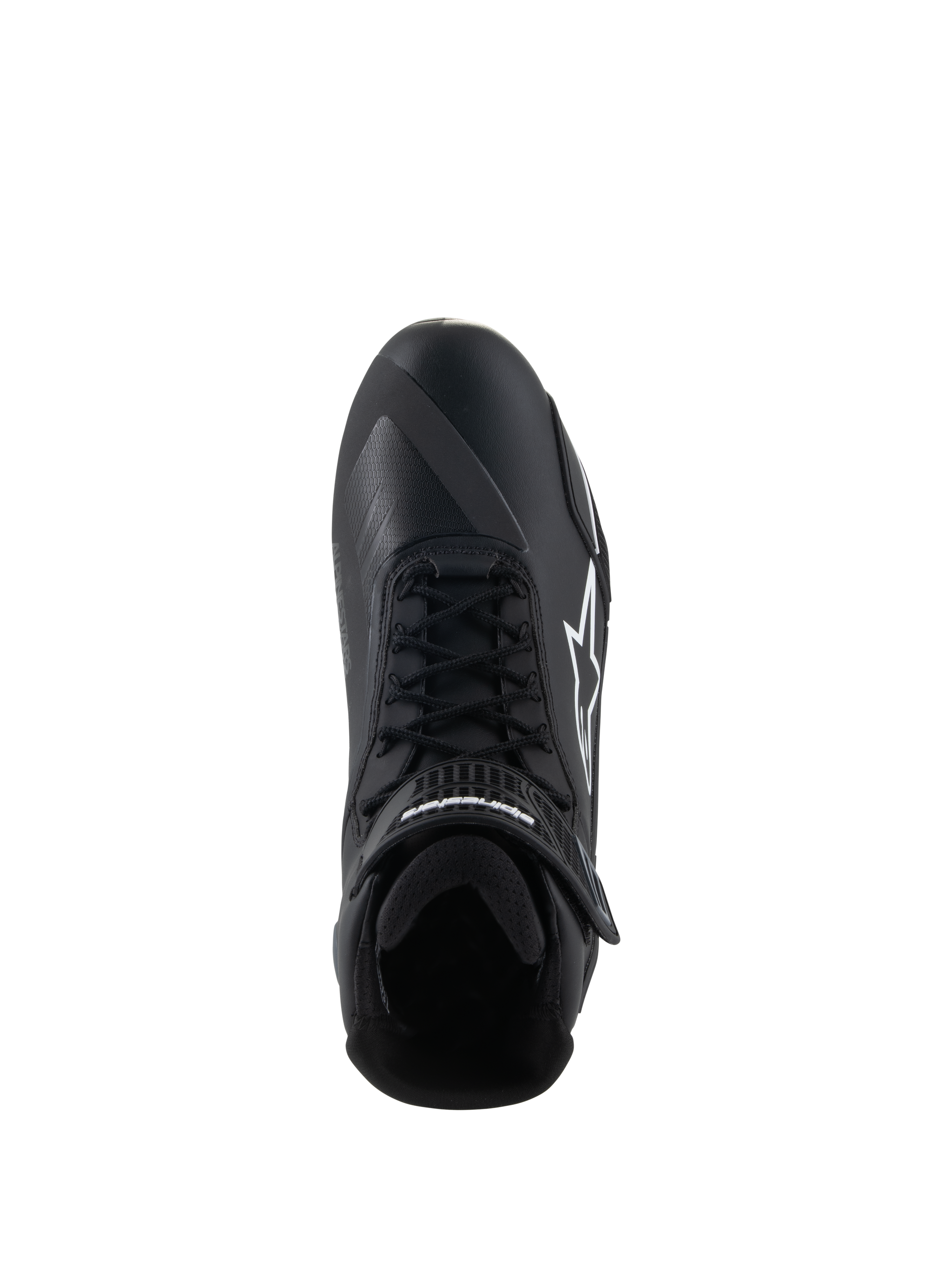 Alpinestars Faster-4 Shoes, Motorcycle Riding Shoes, Black and White, top-down view showing lace-up closure, hook-and-loop ankle strap, and white Alpinestars logo on the side