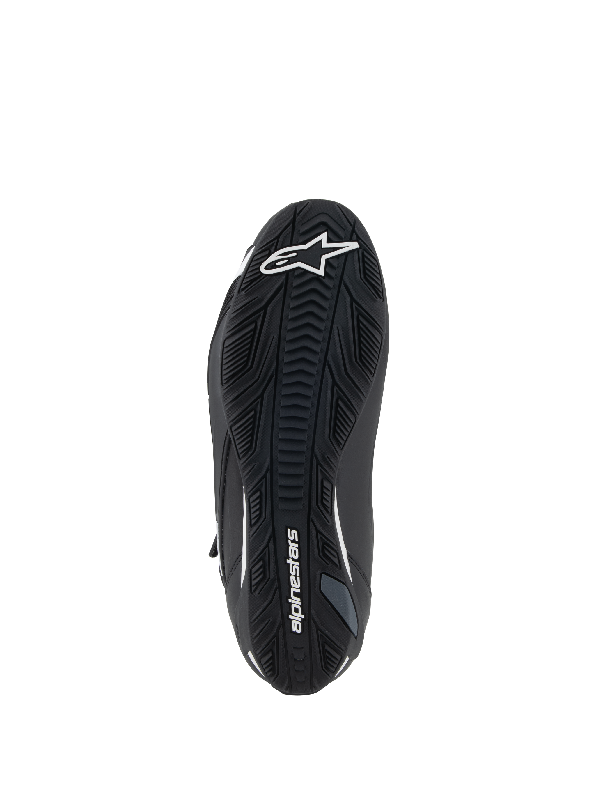 Alpinestars Faster-4 Shoes, Motorcycle Riding Shoes, Black and White, textured rubber sole view, featuring white Alpinestars star logo on the toe and wordmark on the arch, grip-focused outsole for road performance