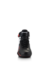 Alpinestars Faster-4 Shoes, motorcycle riding shoes, Black White and Red, front view showing traditional lace closure and ergonomic TPR ankle strap with Alpinestars logo, sleek microfiber upper with red accents