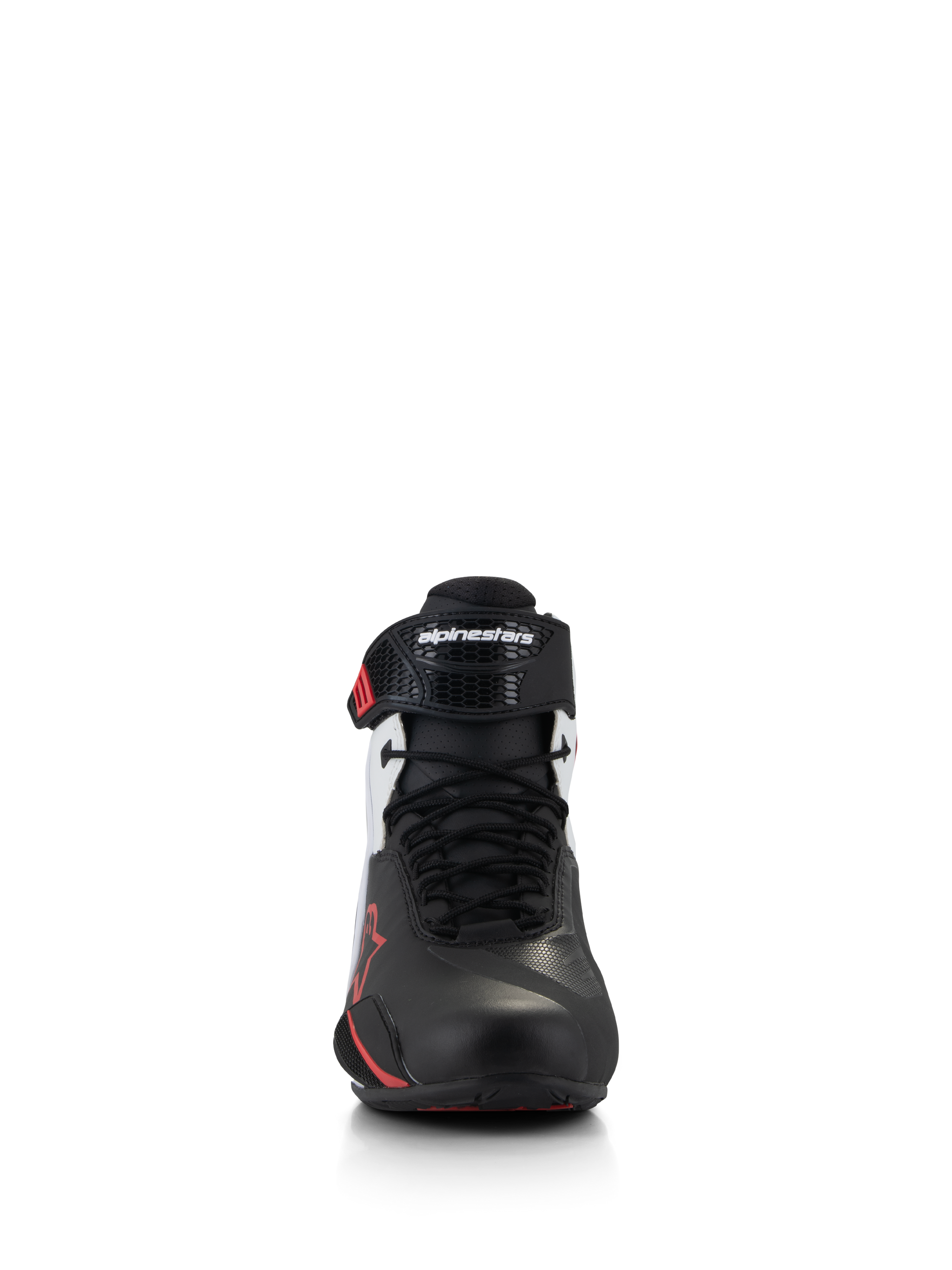 Alpinestars Faster-4 Shoes, motorcycle riding shoes, Black White and Red, front view showing traditional lace closure and ergonomic TPR ankle strap with Alpinestars logo, sleek microfiber upper with red accents