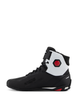 Alpinestars Faster-4 Shoes, Motorcycle Riding Shoes, Black White and Red, side profile view featuring a black microfiber upper with a white ankle panel, red hexagonal protector, lace-up closure with a top strap, and 'Alpinestars Protects' branding.