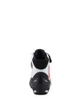Alpinestars Faster-4 Shoes, rear view, black white and red, featuring a black TPR heel counter, white microfiber upper with red accents, and black padded collar, performance motorcycle riding footwear
