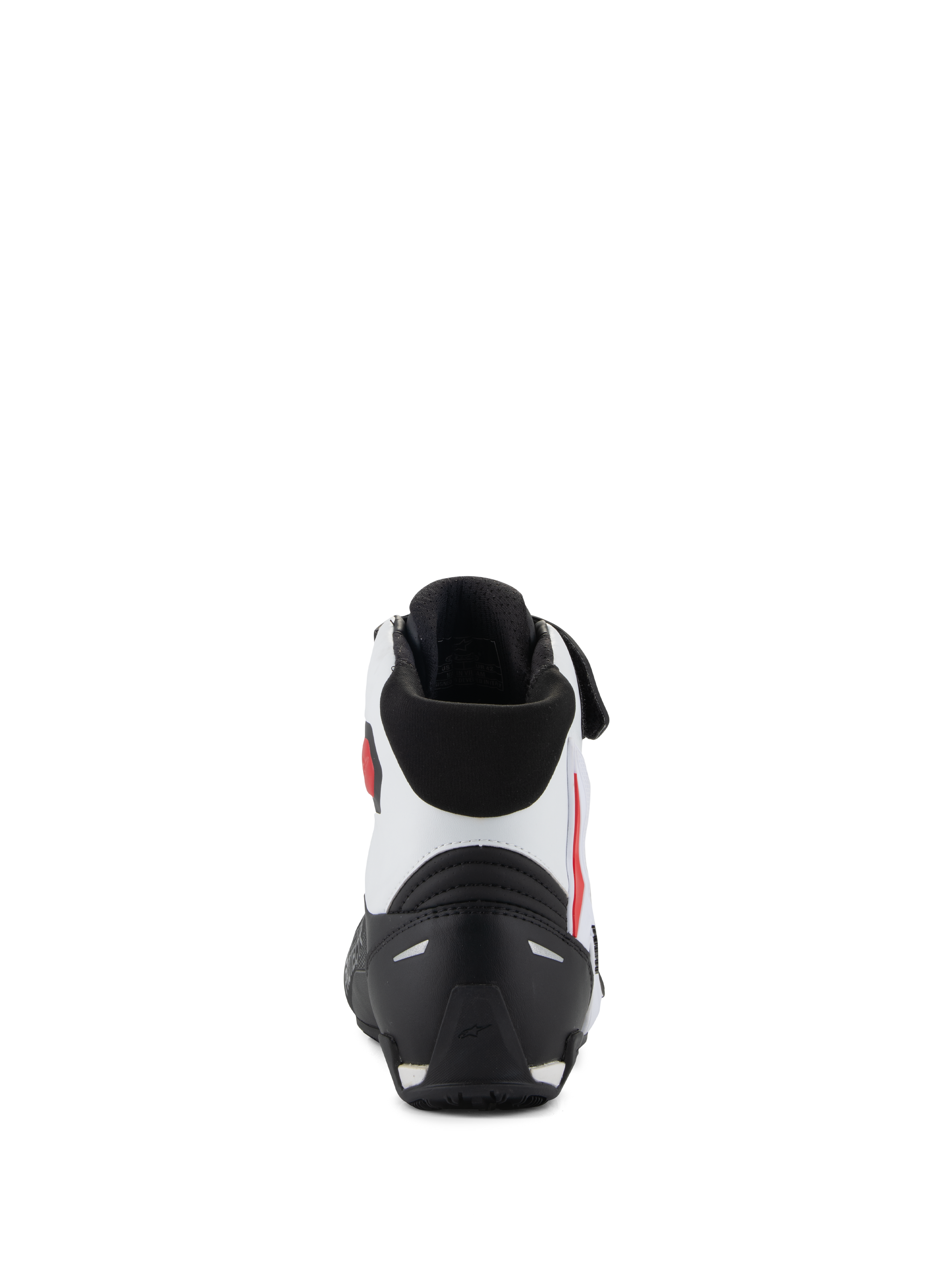 Alpinestars Faster-4 Shoes, rear view, black white and red, featuring a black TPR heel counter, white microfiber upper with red accents, and black padded collar, performance motorcycle riding footwear