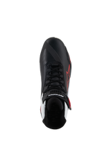 Alpinestars Faster-4 Shoes, Motorcycle Riding Shoes, Black White Red, top-down view featuring black laces and velcro ankle strap, red Alpinestars star logo on lateral side, white accents at the heel, asymmetric toe design for shifting.