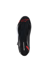 Alpinestars Faster-4 Shoes, Motorcycle Riding Shoes, Bottom Sole View, Black rubber with textured grip pattern, featuring red Alpinestars logo and white branding, designed for road and sport riding