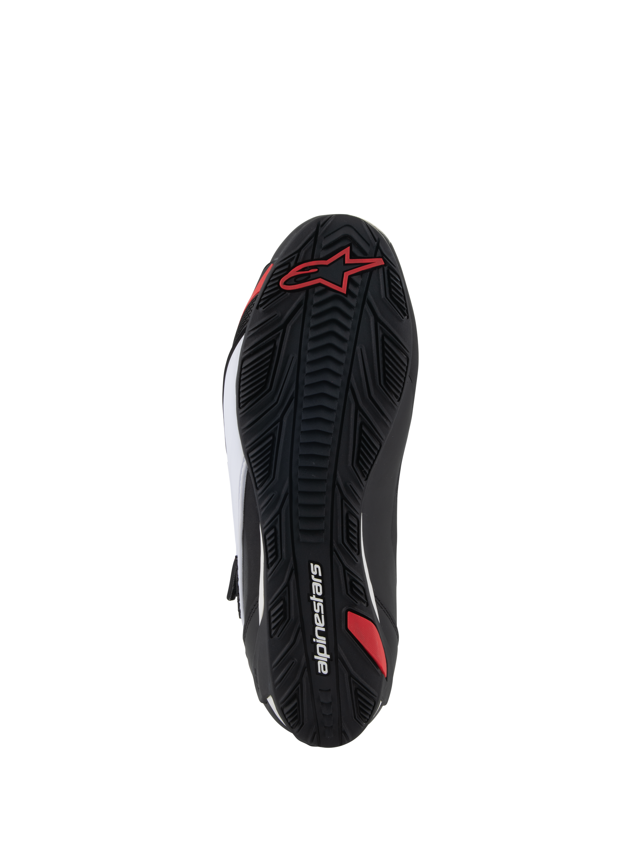 Alpinestars Faster-4 Shoes, Motorcycle Riding Shoes, Bottom Sole View, Black rubber with textured grip pattern, featuring red Alpinestars logo and white branding, designed for road and sport riding