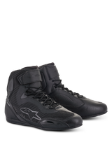 Alpinestars Women Stella Faster-3 Rideknit Shoes, high-top motorcycle riding shoes in Black Anthracite, features seamless knitted construction for breathability, lace-up closure with Velcro ankle strap, Alpinestars logo on the side, reinforced protective panels, and a sleek, sporty design