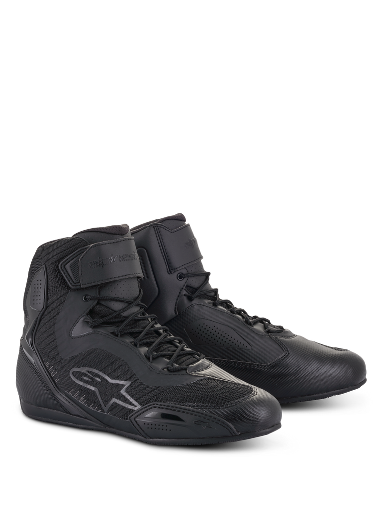 Alpinestars Women Stella Faster-3 Rideknit Shoes, high-top motorcycle riding shoes in Black Anthracite, features seamless knitted construction for breathability, lace-up closure with Velcro ankle strap, Alpinestars logo on the side, reinforced protective panels, and a sleek, sporty design