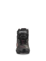 Alpinestars Women Stella Faster-3 Rideknit® Shoes, Black Yellow Pink, front view showing seamless knitted construction, laces and velcro ankle strap with white Alpinestars logo, lightweight motorcycle riding footwear