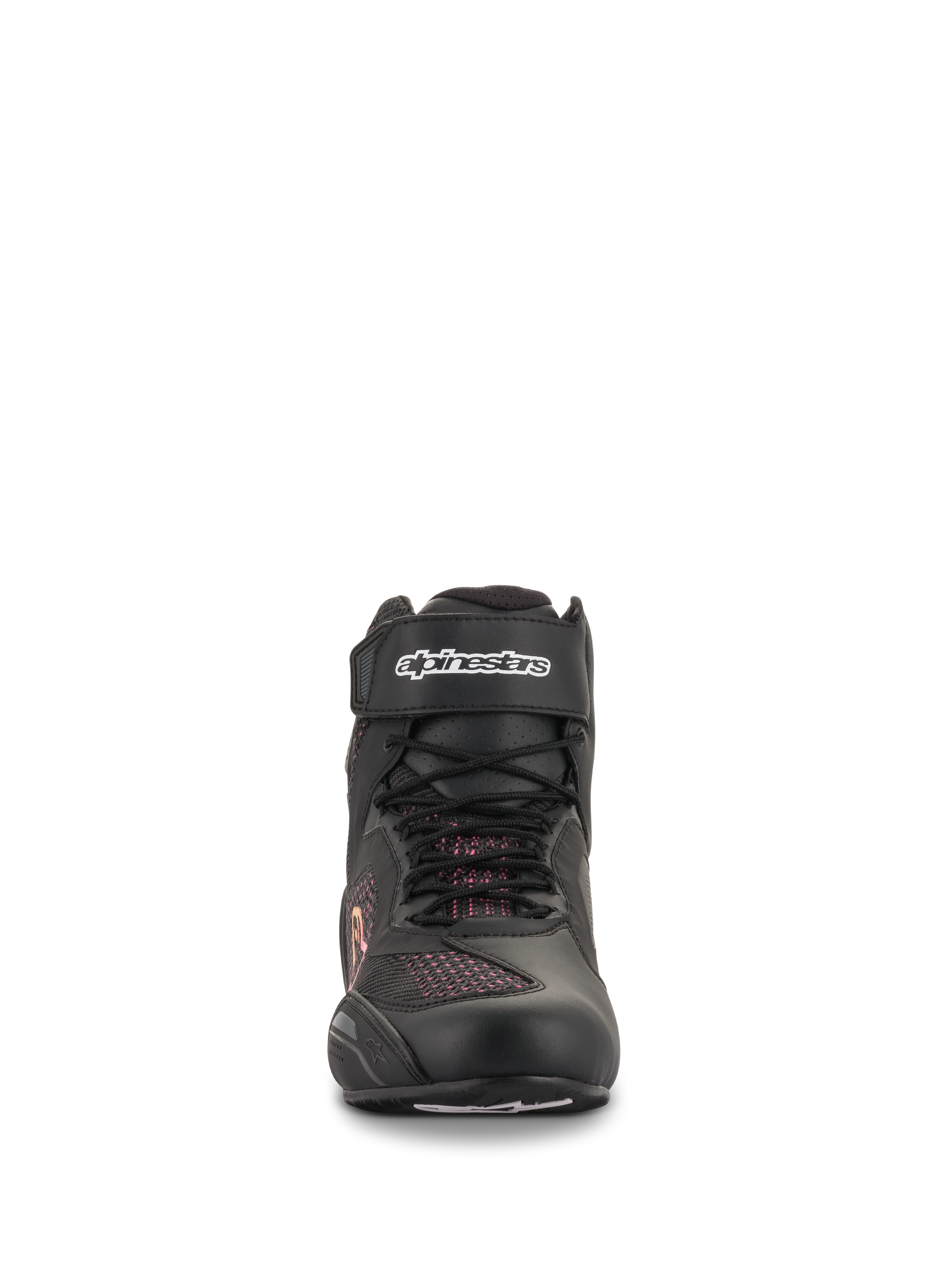 Alpinestars Women Stella Faster-3 Rideknit® Shoes, Black Yellow Pink, front view showing seamless knitted construction, laces and velcro ankle strap with white Alpinestars logo, lightweight motorcycle riding footwear