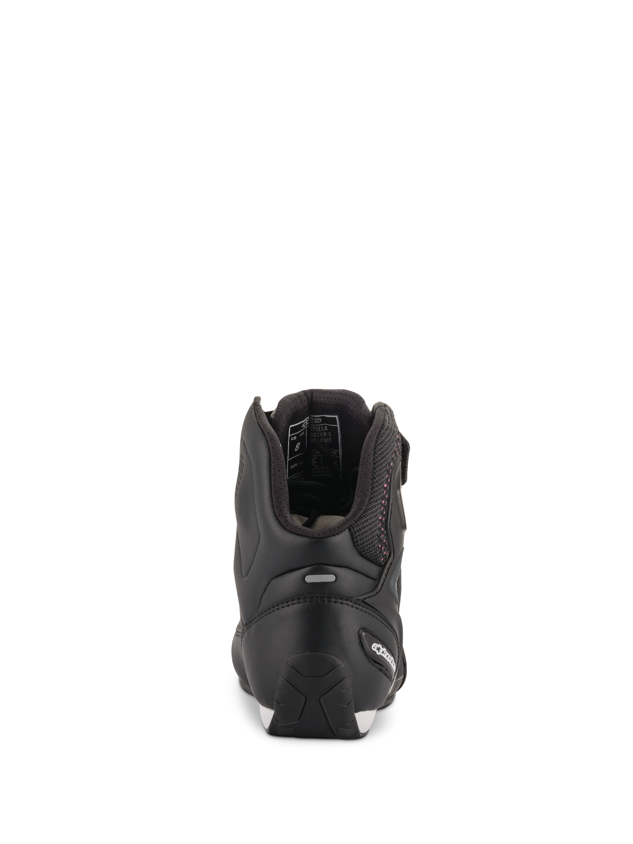 Alpinestars Women Stella Faster-3 Rideknit® Shoes, Black with Pink accents, Rear view showing heel protection and reflective strip, high-top motorcycle riding footwear with breathable knit material