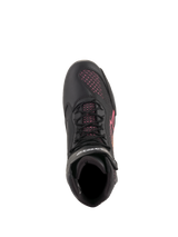 Alpinestars Women Stella Faster-3 Rideknit® Shoes, Motorcycle Riding Shoes, Black Yellow Pink, top-down view highlighting black laces and pink knitted mesh panels, lightweight and breathable sport footwear