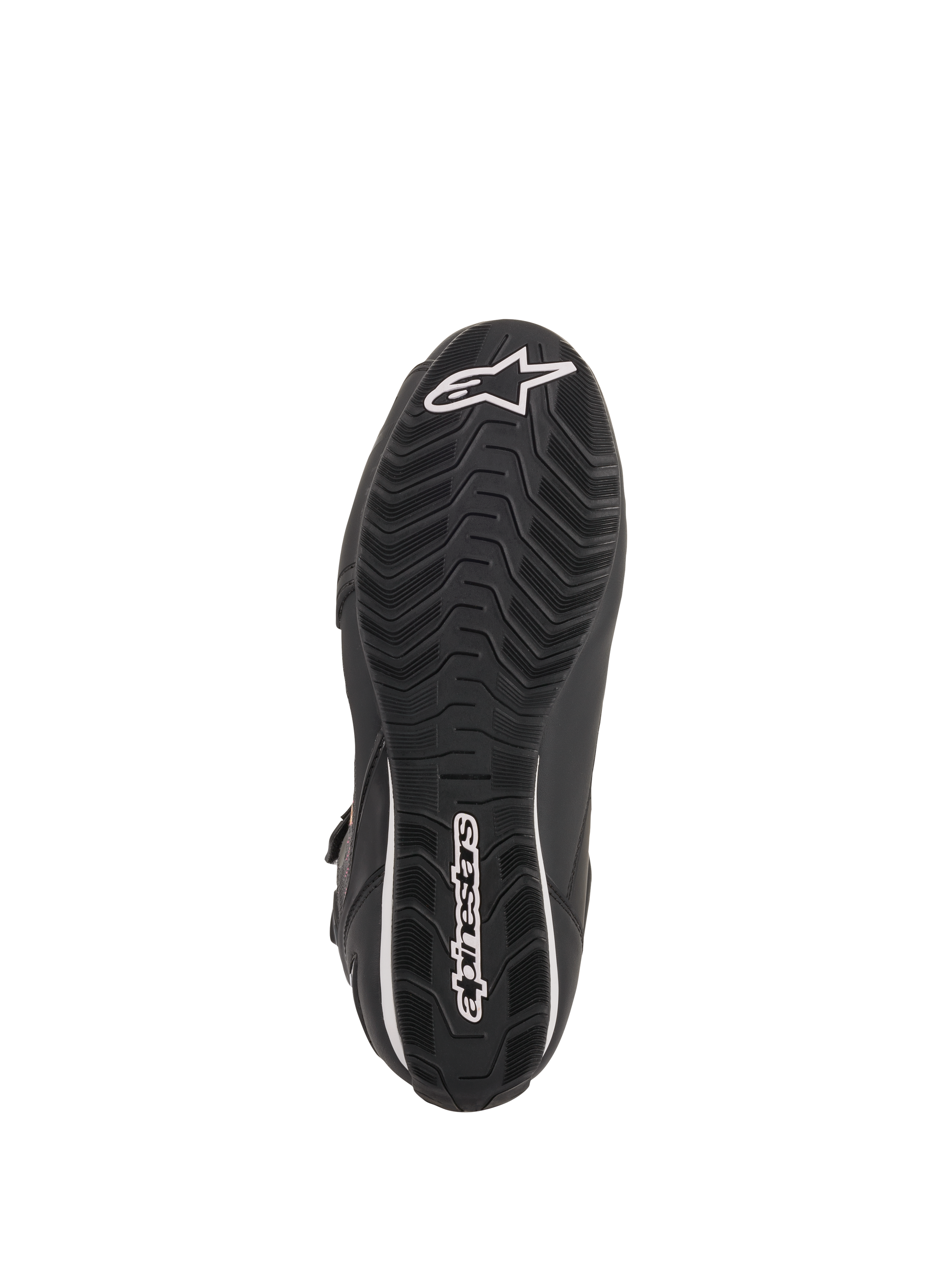 Alpinestars Women Stella Faster-3 Rideknit® Shoes, Black Yellow Pink, outsole view featuring black rubber sole with wavy textured tread, white Alpinestars logo and wordmark, durable design for motorcycle road riding