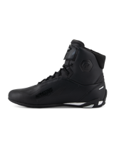 Alpinestars Stella Faster-4 Shoes, Women's Riding Shoes, Black with white accents, side profile view, high-top design featuring lace closure and adjustable ankle strap, protective motorcycle footwear