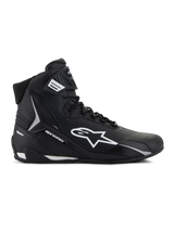 Alpinestars Stella Faster-4 Shoes, Women's Motorcycle Riding Shoes, Black and White, High-top design featuring Astars logo and ankle strap, Lateral side profile view