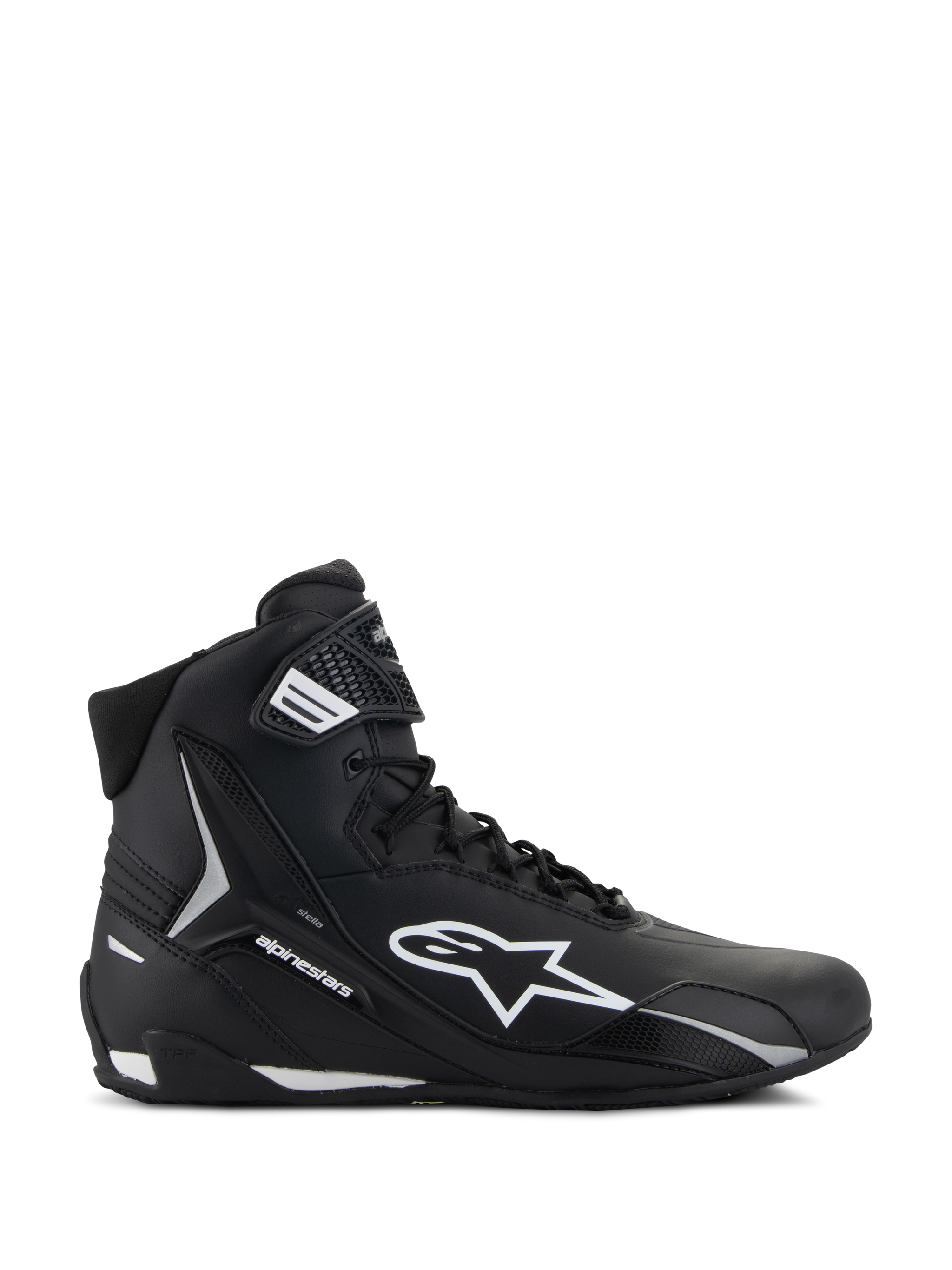 Alpinestars Stella Faster-4 Shoes, Women's Motorcycle Riding Shoes, Black and White, High-top design featuring Astars logo and ankle strap, Lateral side profile view