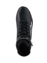 Alpinestars Stella Faster-4 Shoes, Women's Riding Shoes, Black, top-down view, featuring black laces, white Alpinestars star logo, and adjustable ankle strap, sleek microfiber design for road and sport riding