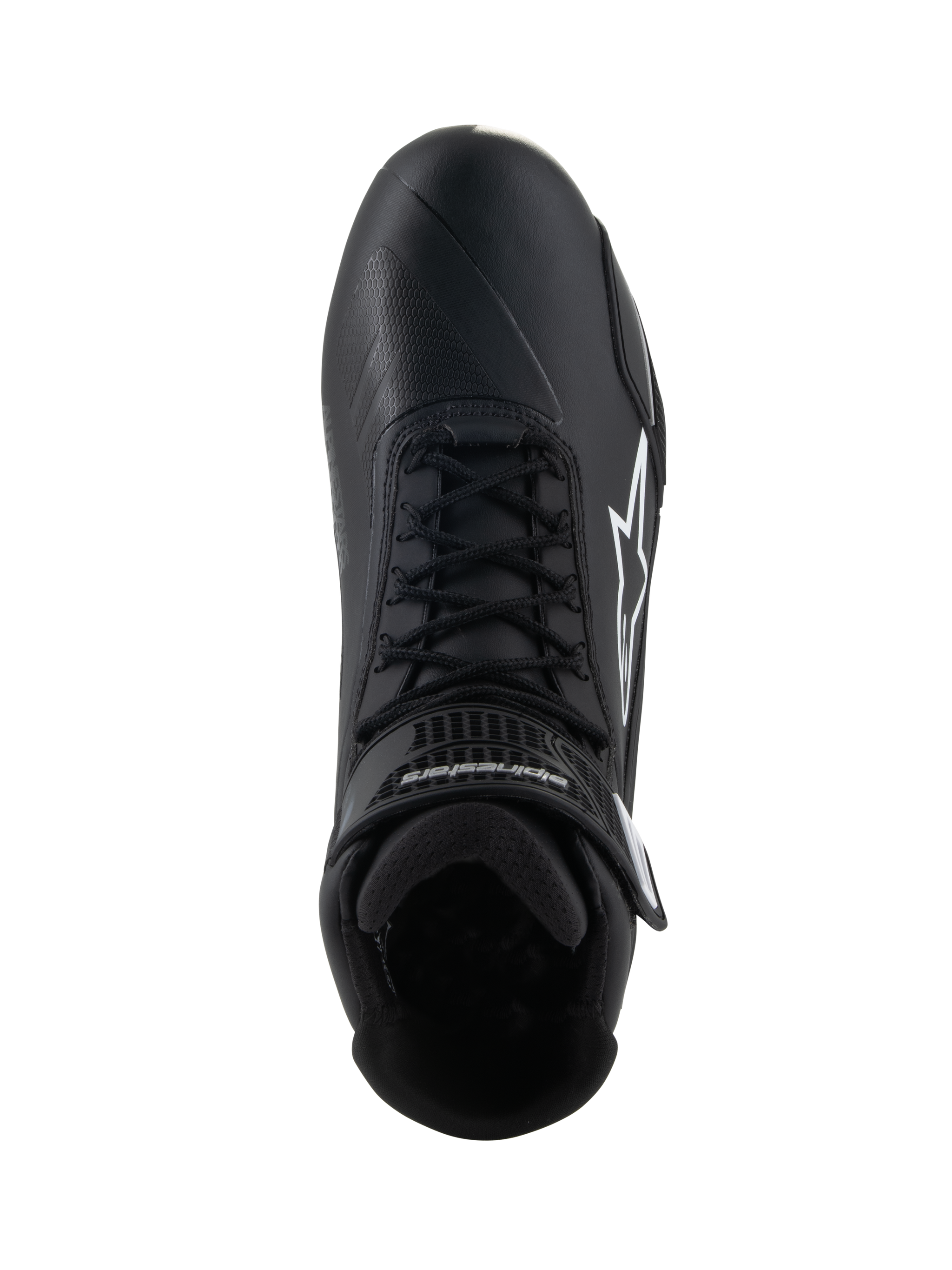 Alpinestars Stella Faster-4 Shoes, Women's Riding Shoes, Black, top-down view, featuring black laces, white Alpinestars star logo, and adjustable ankle strap, sleek microfiber design for road and sport riding