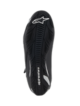 Alpinestars Stella Faster-4 Women's Riding Shoes, Bottom View, Black Rubber Sole with Textured Grip, White Alpinestars Logo and Branding, Ergonomic Design for Traction and Support