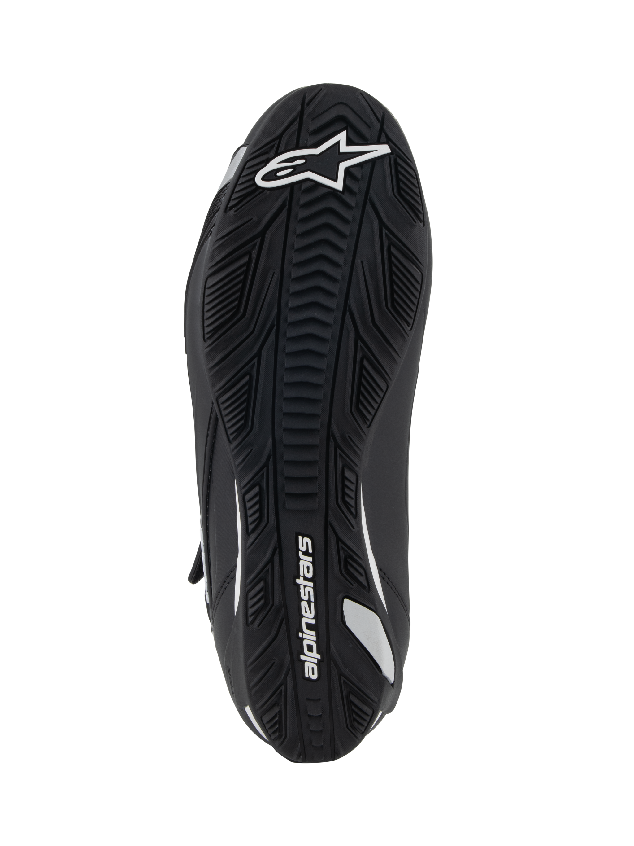 Alpinestars Stella Faster-4 Women's Riding Shoes, Bottom View, Black Rubber Sole with Textured Grip, White Alpinestars Logo and Branding, Ergonomic Design for Traction and Support