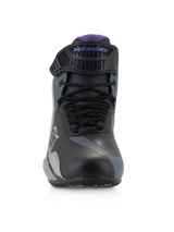 Alpinestars Stella Faster-4 Shoes, Women's Motorcycle Riding Shoes, Black Gray and Violet, front view showing laces and violet mesh tongue, adjustable strap with violet branding, sporty technical design for road riding