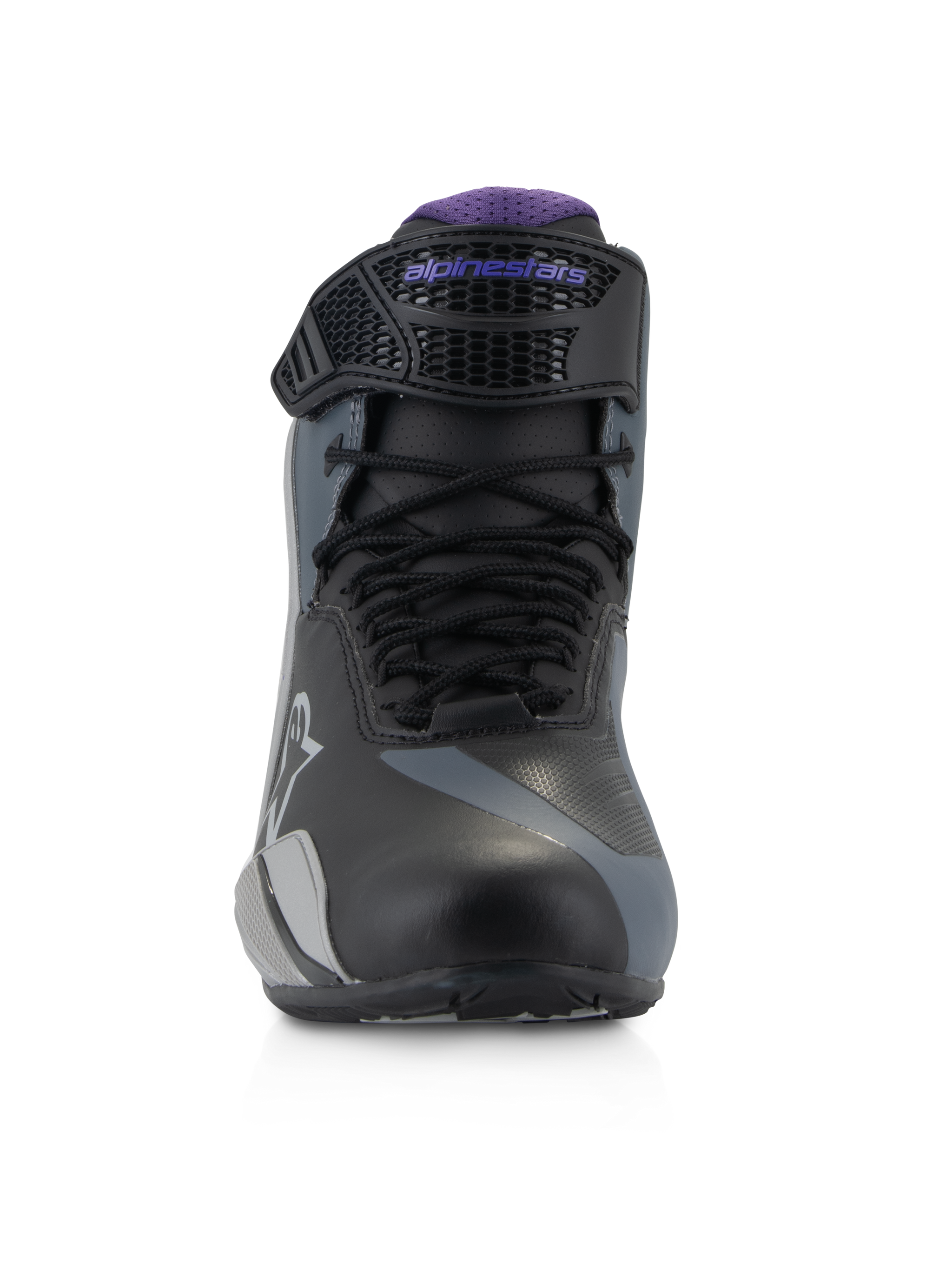 Alpinestars Stella Faster-4 Shoes, Women's Motorcycle Riding Shoes, Black Gray and Violet, front view showing laces and violet mesh tongue, adjustable strap with violet branding, sporty technical design for road riding