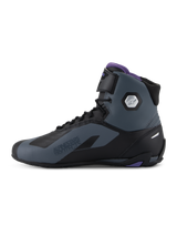 Alpinestars Stella Faster-4 Shoes, Women's Motorcycle Riding Shoes, Black Gray and Violet, high-top design with laces and adjustable ankle strap, featuring purple interior lining and silver hexagonal ankle protector.