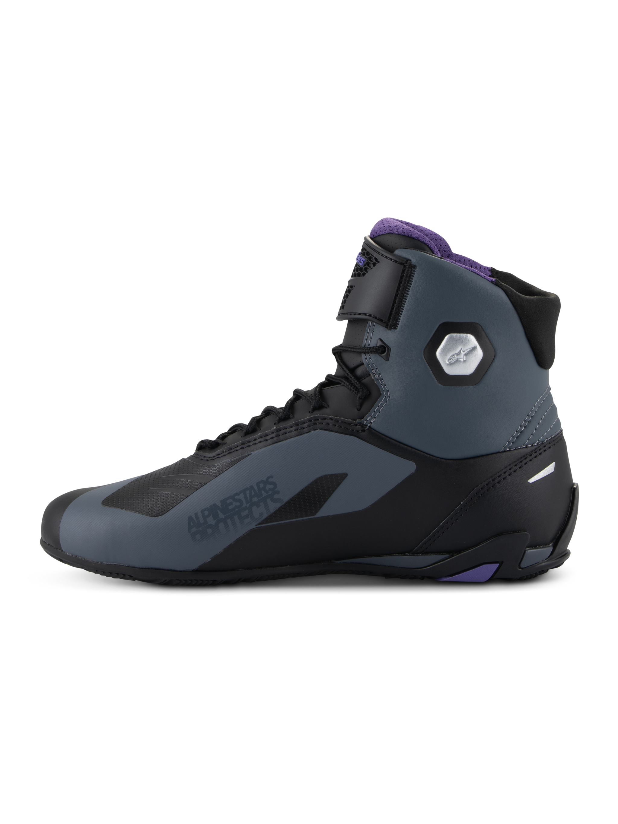 Alpinestars Stella Faster-4 Shoes, Women's Motorcycle Riding Shoes, Black Gray and Violet, high-top design with laces and adjustable ankle strap, featuring purple interior lining and silver hexagonal ankle protector.