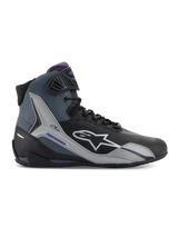 Alpinestars Stella Faster-4 Shoes, Women's Motorcycle Riding Shoes, Black Gray and Violet, side view showing high-top design, white star logo, purple inner lining, textured ankle protection panels, and a sporty microfiber upper for road riding comfort