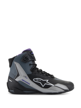 Alpinestars Stella Faster-4 Shoes, Women's Motorcycle Riding Shoes, Black Gray and Violet, side view showing high-top design, white star logo, purple inner lining, textured ankle protection panels, and a sporty microfiber upper for road riding comfort