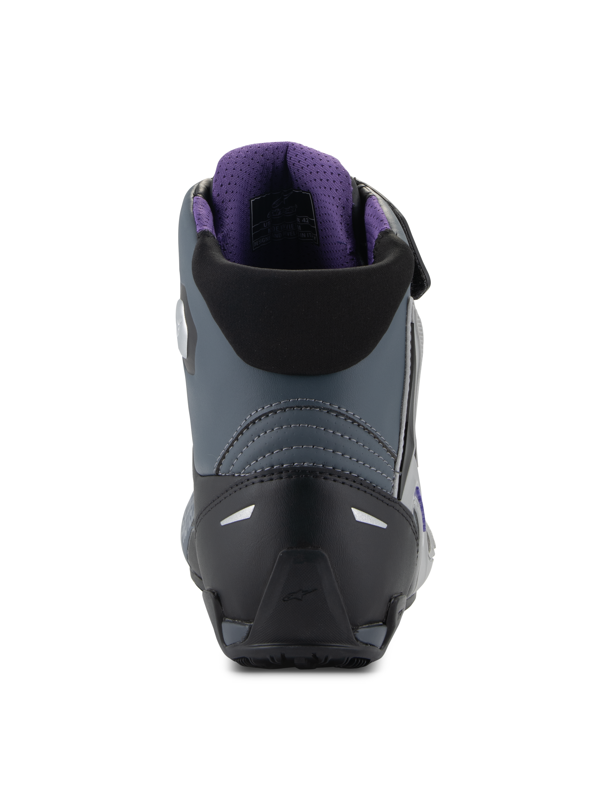 Alpinestars Stella Faster-4 Shoes, Women's Motorcycle Riding Shoes, Rear view showing heel construction, Black Gray Violet colorway, featuring a reinforced heel counter, reflective accents, and purple 3D mesh lining