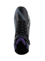 Alpinestars Woman Stella Faster-4 Shoes, Women's Motorcycle Riding Shoes, Black Gray Violet, top-down view featuring black laces, violet mesh interior, and adjustable strap with violet branding