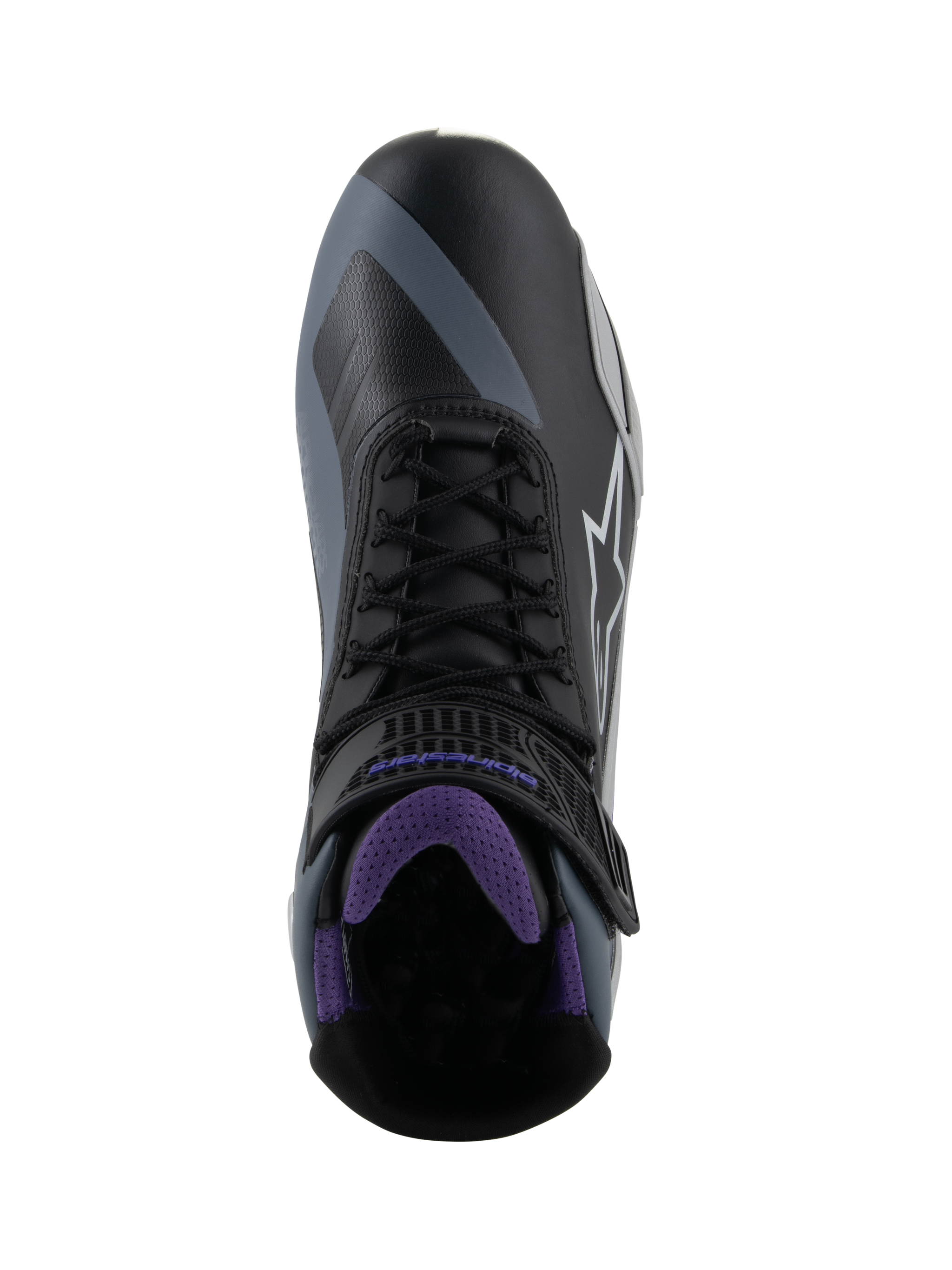 Alpinestars Woman Stella Faster-4 Shoes, Women's Motorcycle Riding Shoes, Black Gray Violet, top-down view featuring black laces, violet mesh interior, and adjustable strap with violet branding