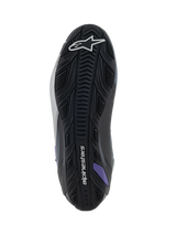 Alpinestars Stella Faster-4 Women's Shoes, Bottom View of Sole, Black and Gray with Violet accents, textured rubber compound for grip, featuring white star logo and Alpinestars branding, engineered for road and sport performance